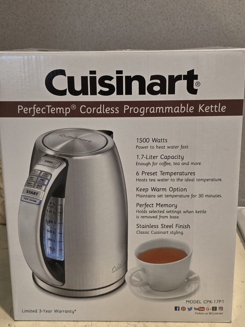 Cuisinart CPK-17P1 Perfectemp Stainless Cordless Programmable Electric Kettle